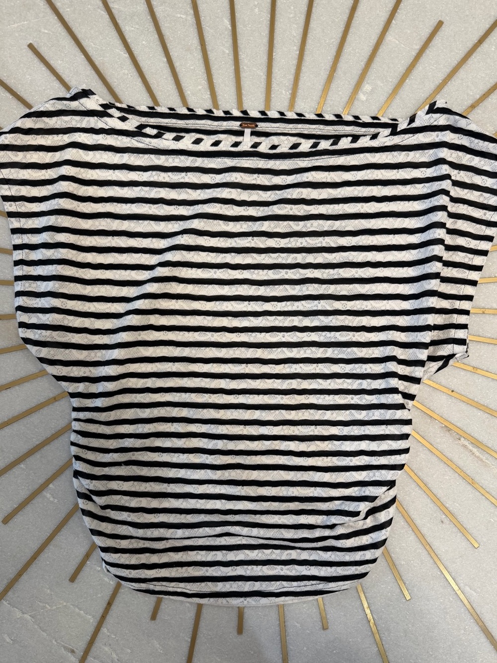 Free People Black and White Lace Striped Boatneck Top
